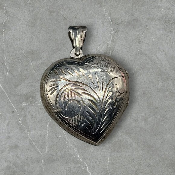 Sterling Silver Etched Heart Locket Pendant Memory Stash Necklace Charm Memory - Picture 1 of 14